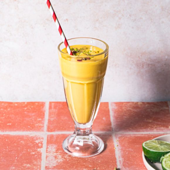 A glass of mango lassi
